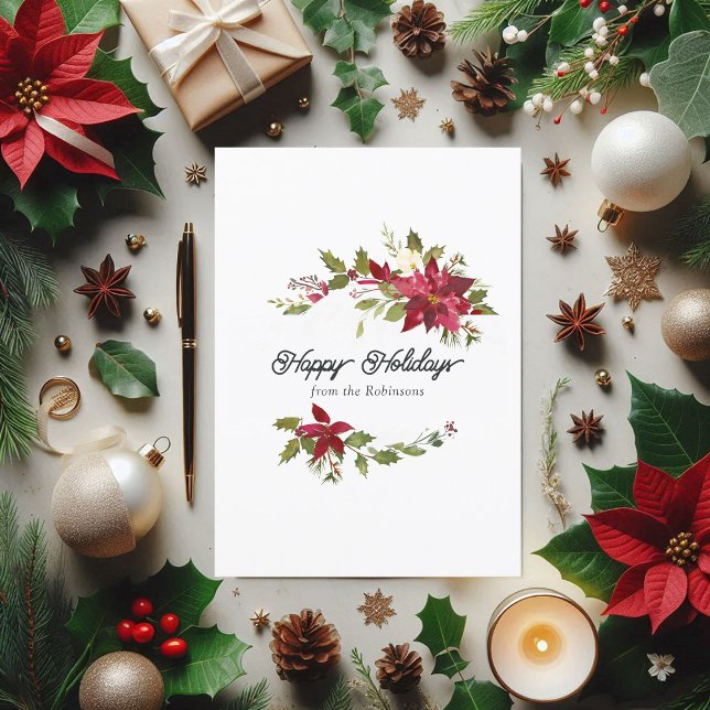 Julfoto för Blommigt med vattenfärg Julkort (Watercolor Floral Family Christmas photo Holiday Card)