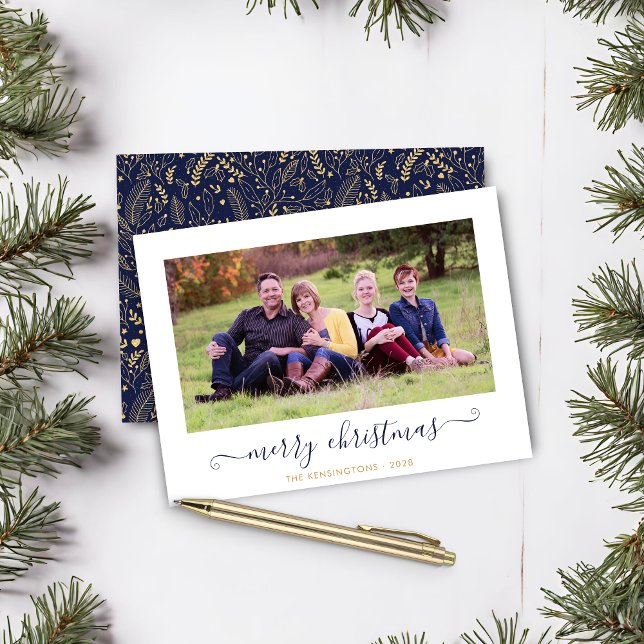 Julfoto för BUDGET Navy Blue Guld-skript (BUDGET Navy Blue Gold Script Christmas Photo Card)