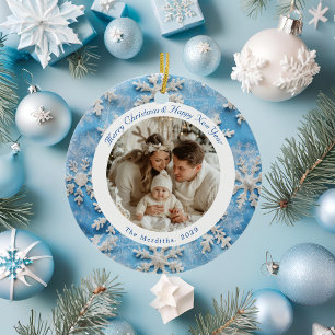 Julfoto för Cute Round Blue Snowflake Julgransprydnad Keramik