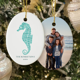 Julfoto för Cute Seahorse Aqua Glitter Kustal Julgransprydnad Keramik