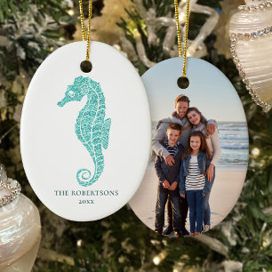 Julfoto för Cute Seahorse Aqua Glitter Kustal Julgransprydnad Keramik