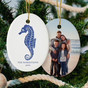 Julfoto för Cute Seahorse Navy Glitter Coastal Julgransprydnad Keramik