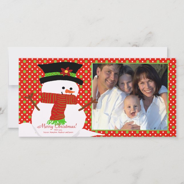 Julfoto för familjen Lycklig Snögubbe Julkort (Framsida)