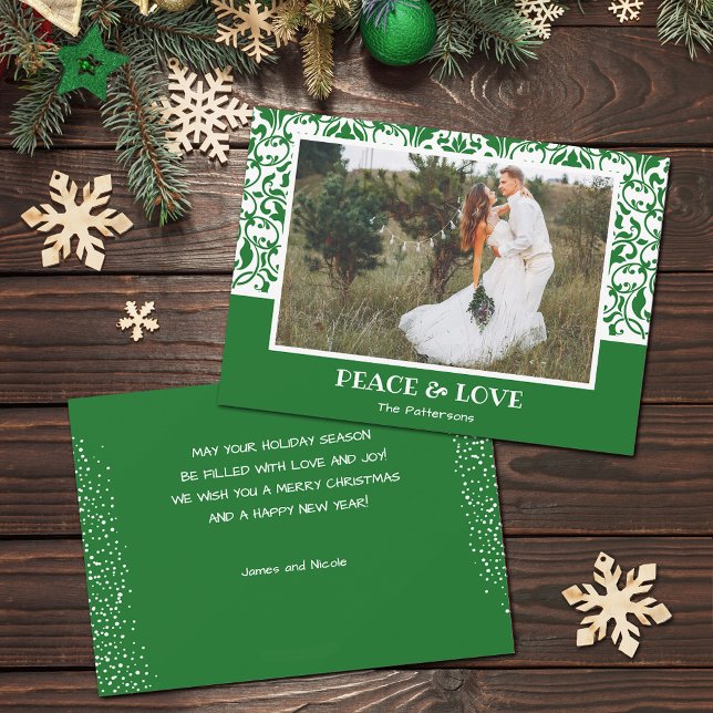 Julfoto för grönt och vit mask julkort (Green and white damask design Christmas photo holiday cards, PRINTED and/or INSTANT DOWNLOAD)