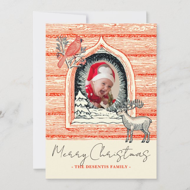 Julfoto för Linocut Land Log Cabin Julkort (Framsida)