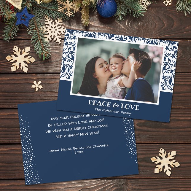 Julfoto för marin blå och vit mask julkort (Navy blue and white damask design Christmas photo holiday cards, PRINTED and/or INSTANT DOWNLOAD)