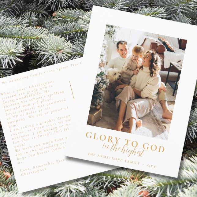 Julfoto för Modern Guld Script Religiösa  Helg Vykort (Religious Christmas postcard in simple, minimalist style with family photo and Bible verse)