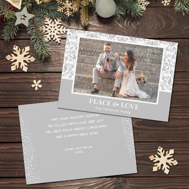 Julfoto för silver och Vita Damaskus Julkort (Silver grey and white damask design Christmas photo holiday cards, PRINTED and/or INSTANT DOWNLOAD)