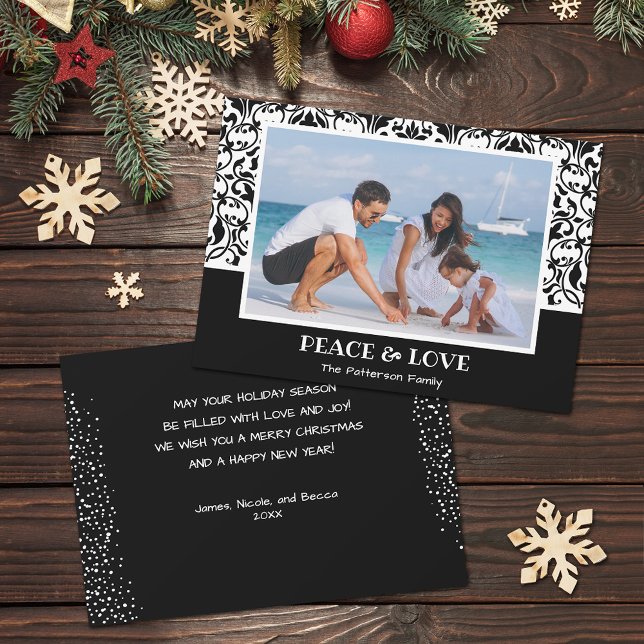 Julfoto för svart och vit mask julkort (Black and white damask design Christmas photo holiday cards, PRINTED and/or INSTANT DOWNLOAD)