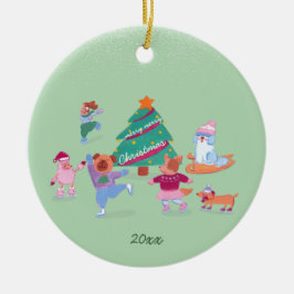 Julfoto för Vinter Hundar Ice Skating Moss Grönt Julgransprydnad Keramik