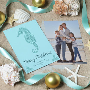 Julfoto från Aqua Blue Glitter Seahorse Coastal Julkort
