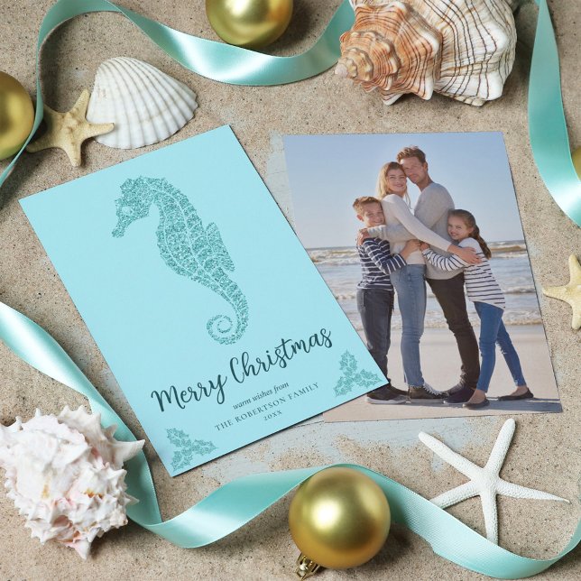 Julfoto från Aqua Blue Glitter Seahorse Coastal Julkort (Skapare uppladdad)