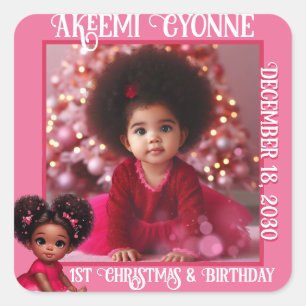 Julfoto från Santa Baby Afro Puff Infant Girl Fyrkantigt Klistermärke