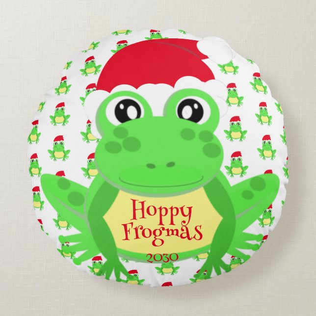 Julfoto Frog Santa Hat Mönster White Cute Rund Kudde (Framsidan)