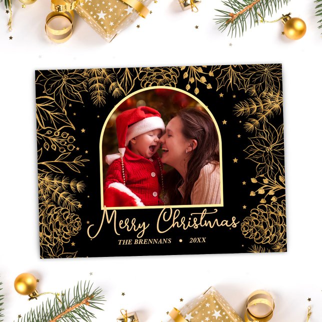 Julfoto Guld Elegant Festive Helgdag Helg Vykort (Christmas Photo Gold Elegant Festive Holiday)