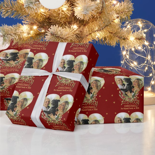 Julfoto Heart Guld Glitter Star Loely Red Presentpapper (Helgdagar)