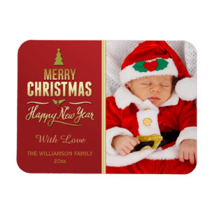 Julfoto Helgdag Typography Red Guld Magnet