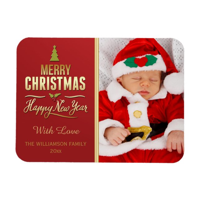 Julfoto Helgdag Typography Red Guld Magnet (Horisontell)