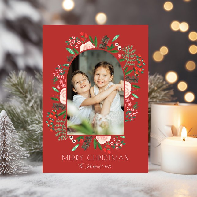 Julfoto i Modern Arch Blommigt -familjen i Ram Julkort (Modern Arch Frame Floral Family Christmas Photo Holiday Card)