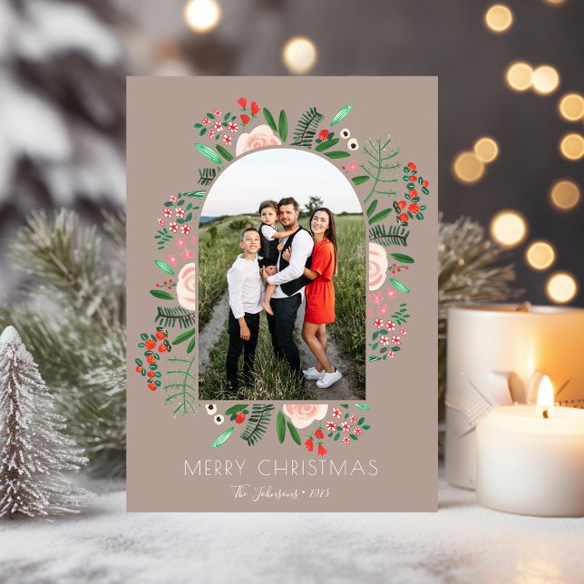 Julfoto i Modern Arch Blommigt -familjen i Ram Julkort (Modern Arch Frame Floral Family Christmas Photo Holiday Card)
