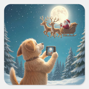 Julfoto Jultomten i Sleigh Hund Fyrkantigt Klistermärke