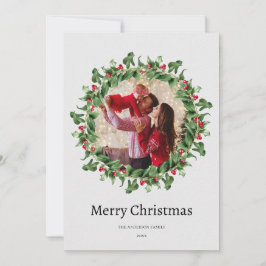 Julfoto med chic Grönt och röd Blommigt Julkort