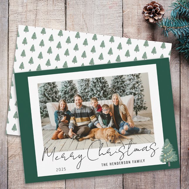 Julfoto med färgen Vatercolor Festive Träd Julkort (Modern watercolor tree & lights green & white Christmas photo holiday card Whimsical elegant script)