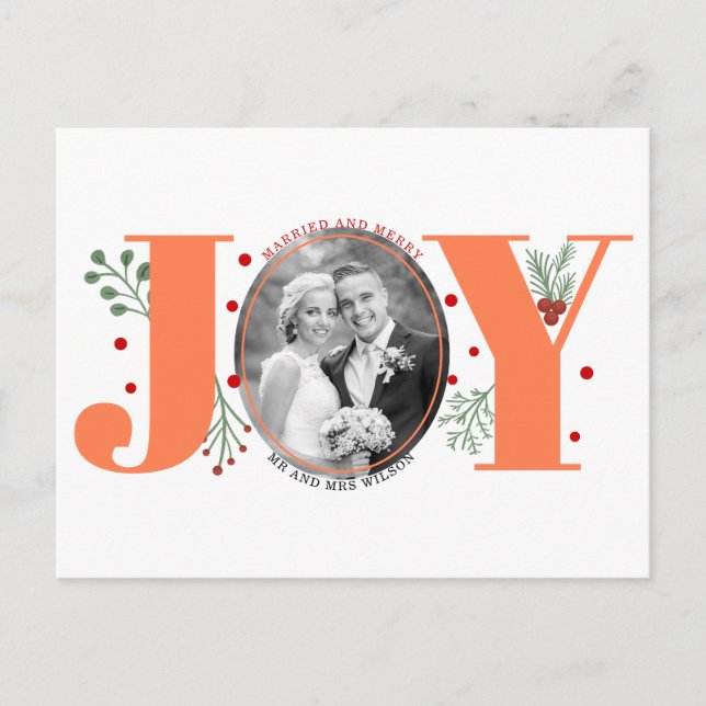 Julfoto med gift och merry coral vykort (Framsida)