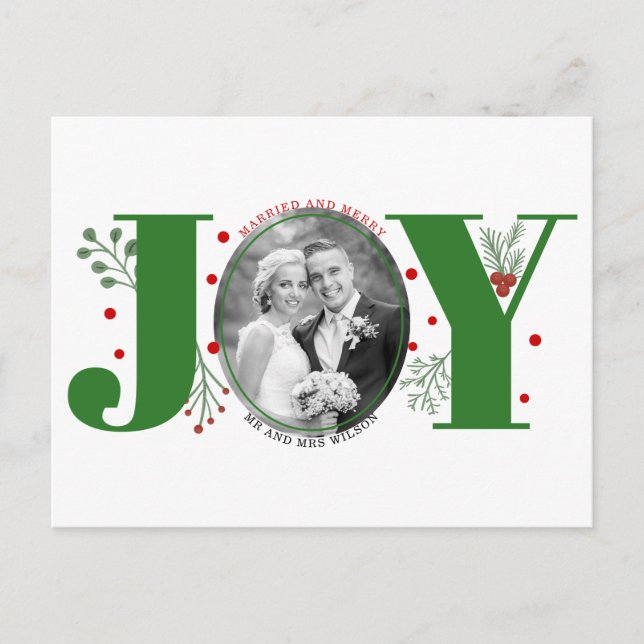 Julfoto med gift och merry grönt vykort (Framsida)