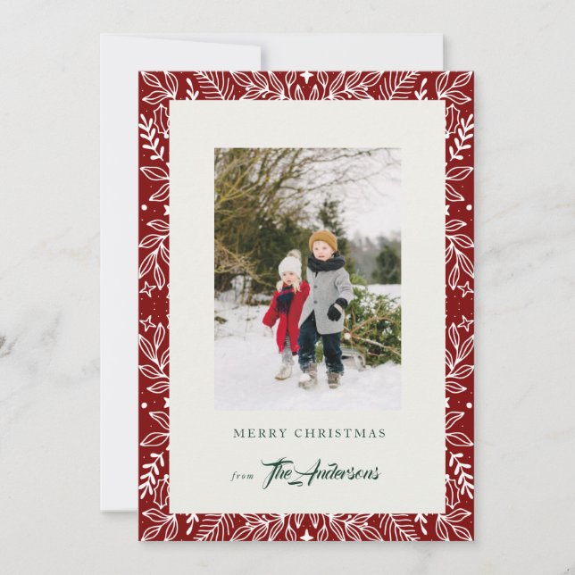 Julfoto med Red Vintage Botanical Ram Julkort (Framsida)