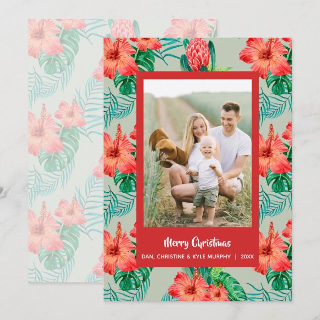 Julfoto med röd tropisk Blommigt Julkort (Fram/baksida)