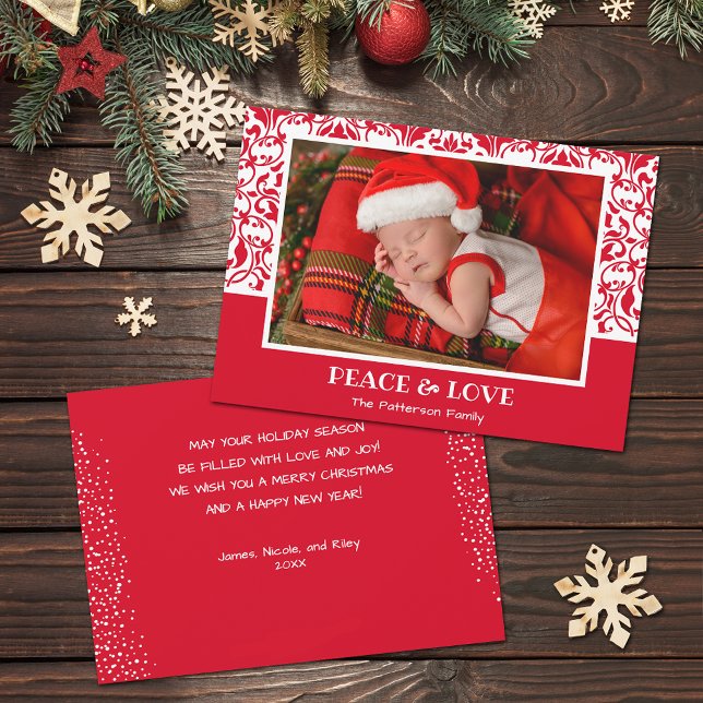 Julfoto med rött och vitt skugga, Helgdag Julkort (Red and white damask design Christmas photo holiday cards, PRINTED and/or INSTANT DOWNLOAD)