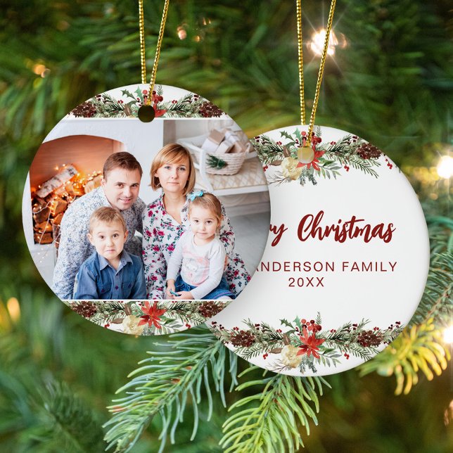 Julfoto med vattenfärg i Botaniskt Woodland Julgransprydnad Keramik (Skapare uppladdad)