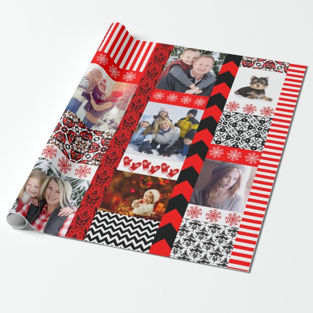 Julfoto Montage på 9-familjens Porträtt Presentpapper (Utrullad)