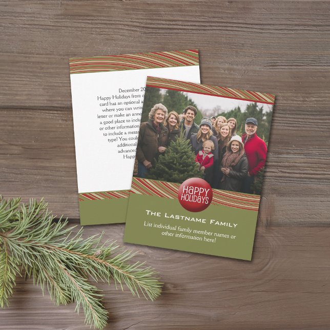 Julfoto och Brev - retroröd grönt Julkort (Retro Christmas card with a photo on the front with Christmas letter on the back)