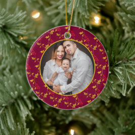 Julfoto på röda guld bär julgransprydnad keramik
