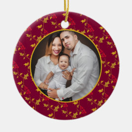 Julfoto på röda guld bär julgransprydnad keramik