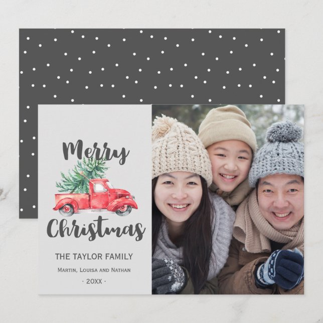 Julfoto Red Lastbil och Träd Julkort (Fram/baksida)