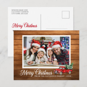 Julfoto Red Lastbil Rustic Wood Stil Vykort