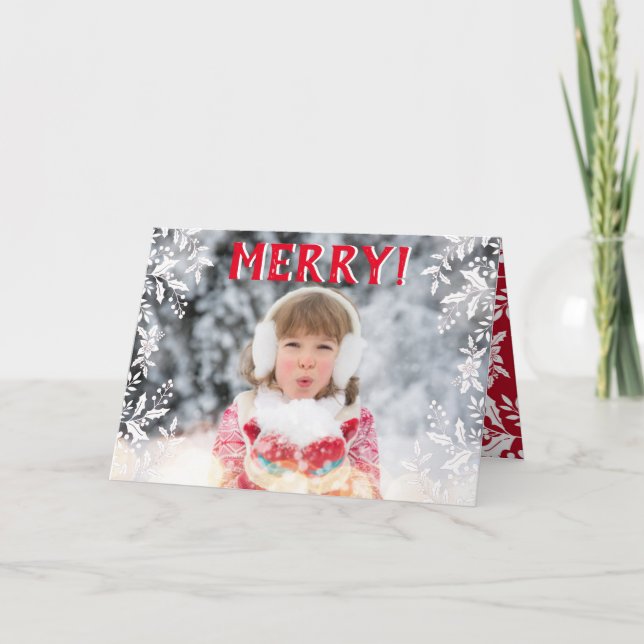 Julfoto Red, White, Holly, Festive Helgkort (Framsida)