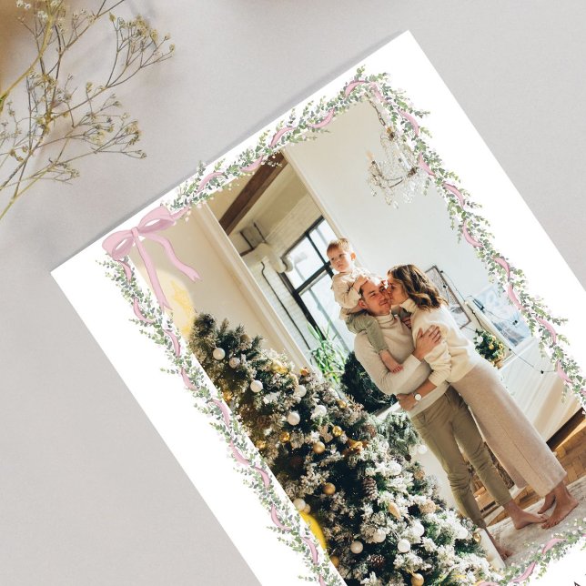 Julfoto Rosa Bow Coquette Garland Helg Vykort (Skapare uppladdad)