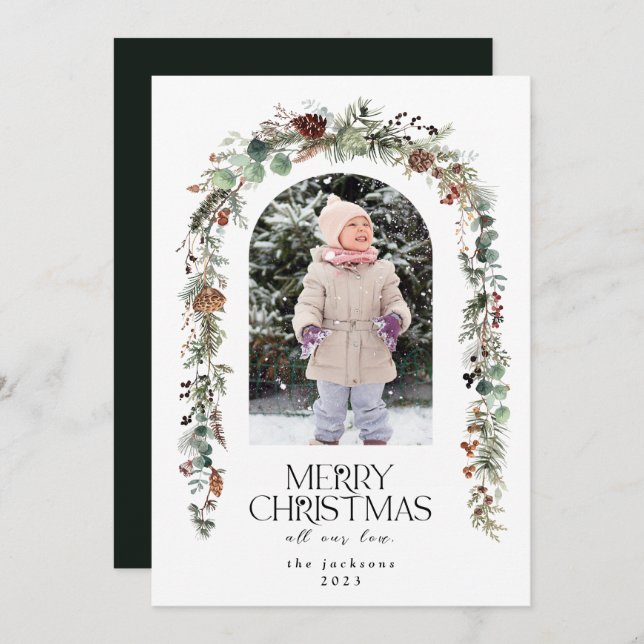 Julfoto Rustic Greenery Berries Cedar Julkort (Fram/baksida)