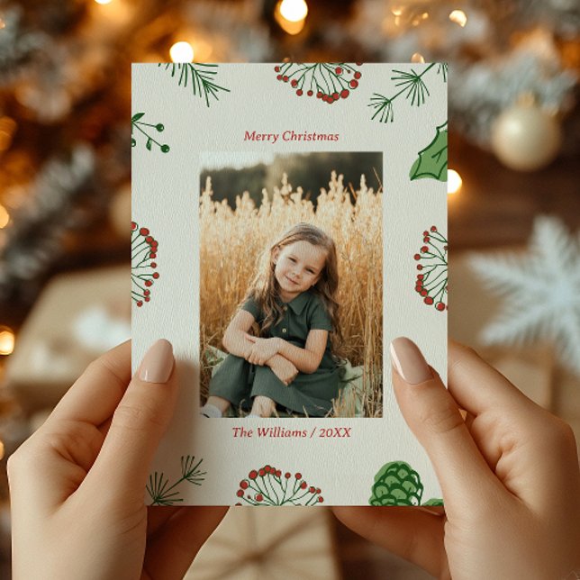 Julfoto Rustic Hand-Drawn Mistletoe Gräs Julkort (Skapare uppladdad)