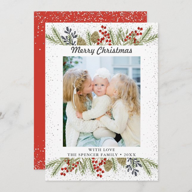 Julfoto silver Glitter Holly Berries Julkort (Fram/baksida)