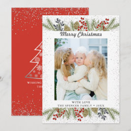 Julfoto silver Glitter Holly Berries Julkort