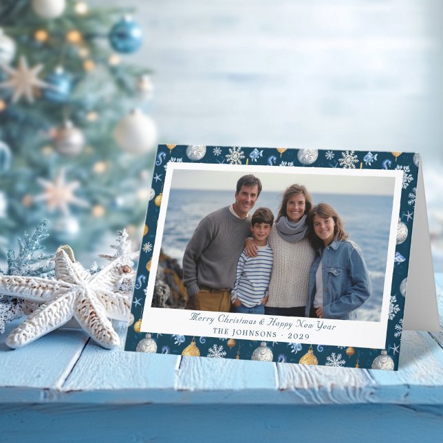 Julfoto snöflingor & Nautical Inslag Helgkort (Snowflakes and Nautical Elements Christmas Photo Holiday Card)