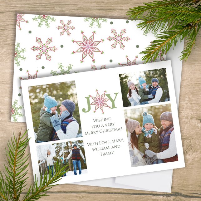Julfotopatroféer, snöflingattypografi julkort (Christmas Joy typography multi-photo holiday card with whimsical snowflakes. )