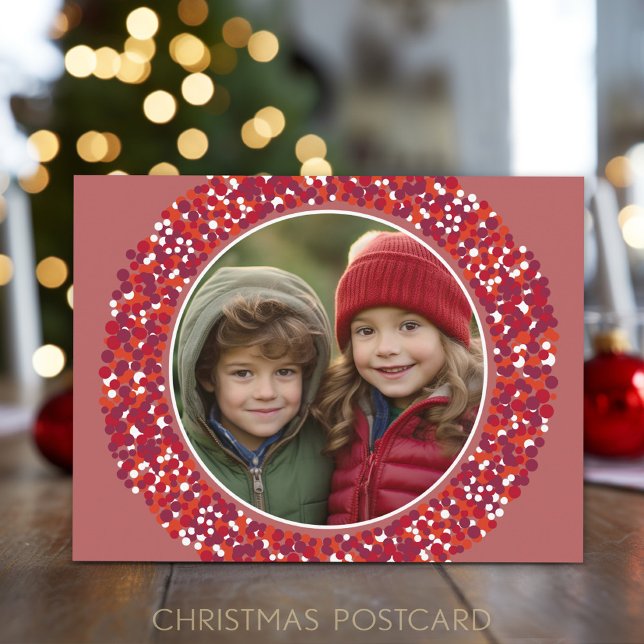 Julfrand 1 Foton med röda bär Helg Vykort (A simple red berry border with one photo on the front. A festive Christmas postcard to send.)