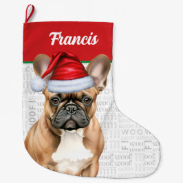 Julfransk Bulldog med Namn Woof Bakgrund Stor Julstrumpa