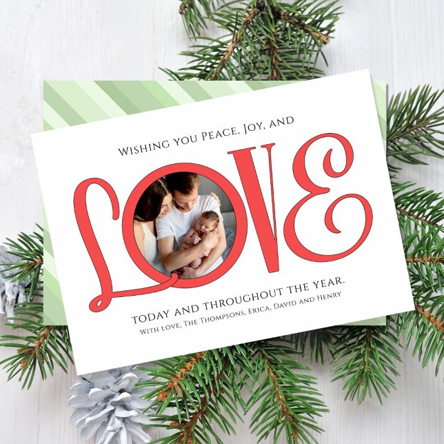 Julfreden Joy och Kärlek Cute Modern Photo Julkort (Christmas holiday "Love" typography greeting card with photo template. )